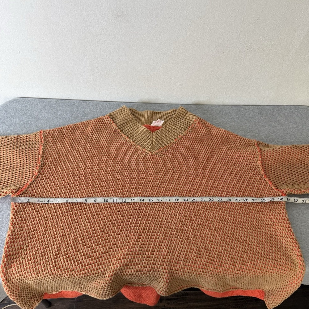 So Me Oversized V-neck Two Toned Textured Sweater Orange Boho Fall Women's Large - Picture 8 of 11